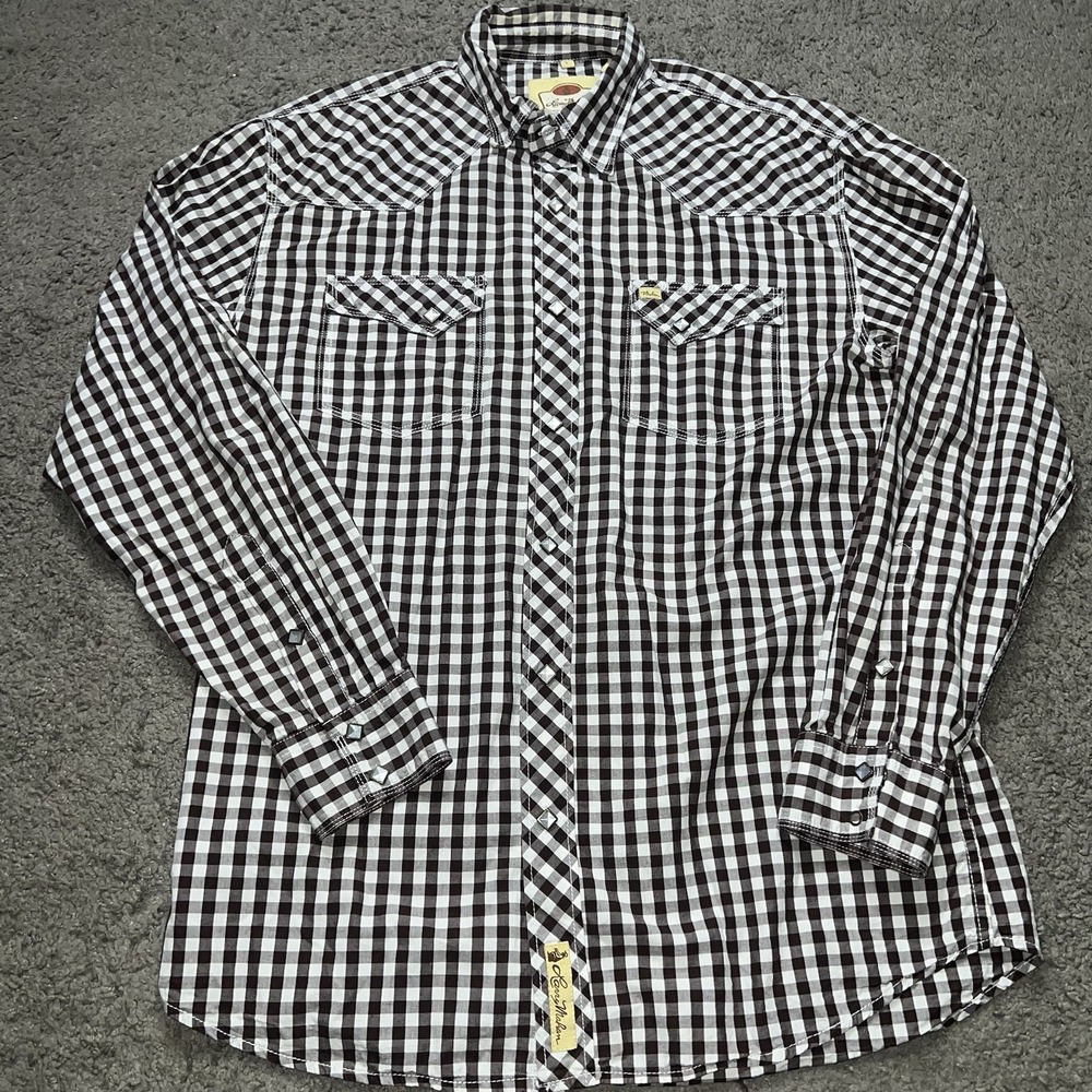 Larry Mahan Mens Dress Shirt Western Plaid White Pearl Snap Long Sleeve L